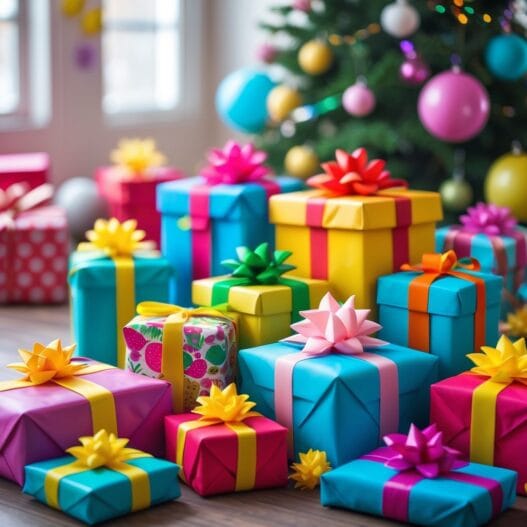 Farverige og sjove pakkelegsgaver til festlige lejligheder, præsenteret i en dekorativ komposition.