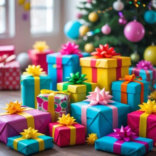 Farverige og sjove pakkelegsgaver til festlige lejligheder, præsenteret i en dekorativ komposition.